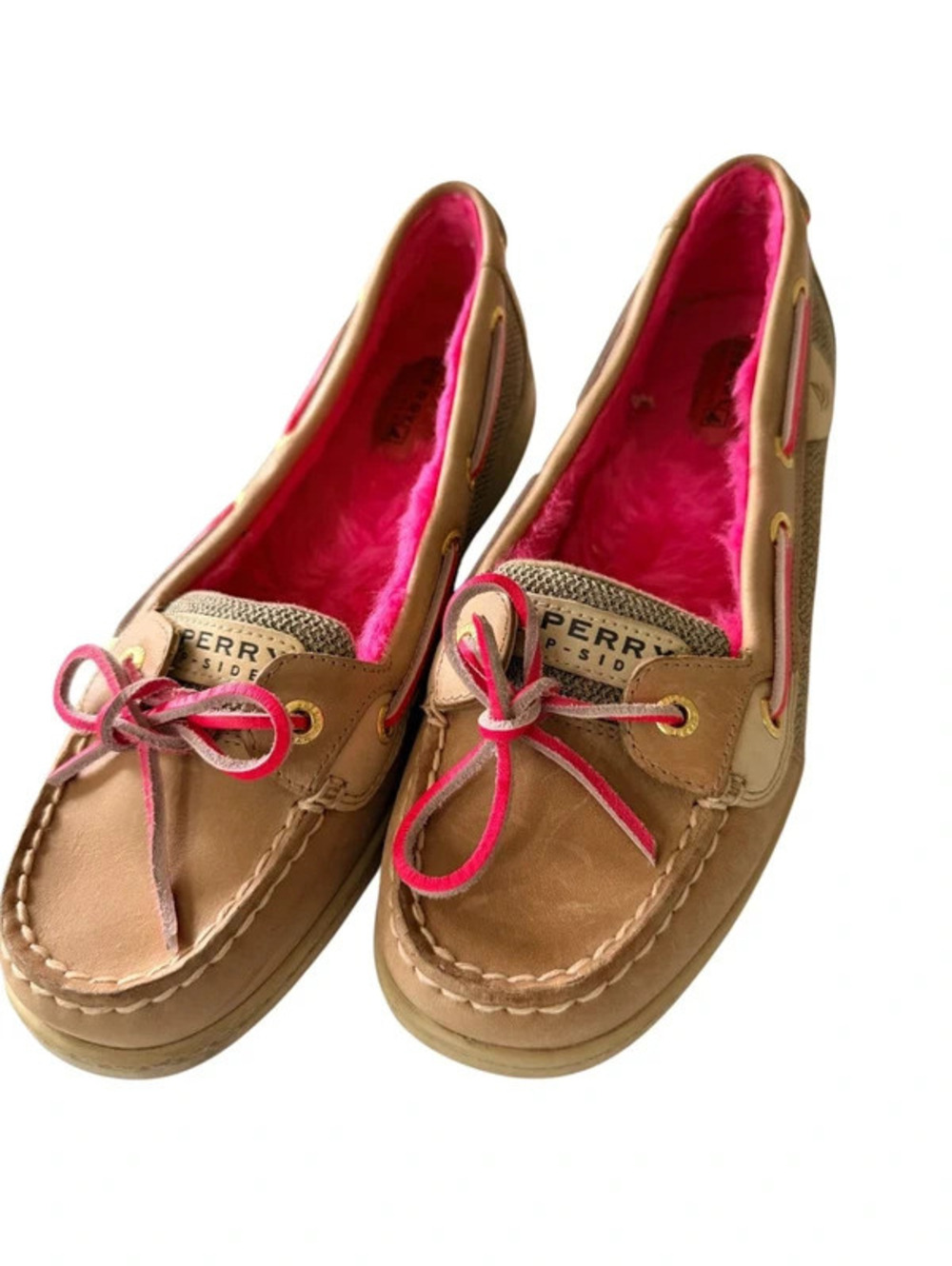Sperry Top-Sider Tan Leather Boat Shoes Pink Trim Furry Lining Women’s 8.5M